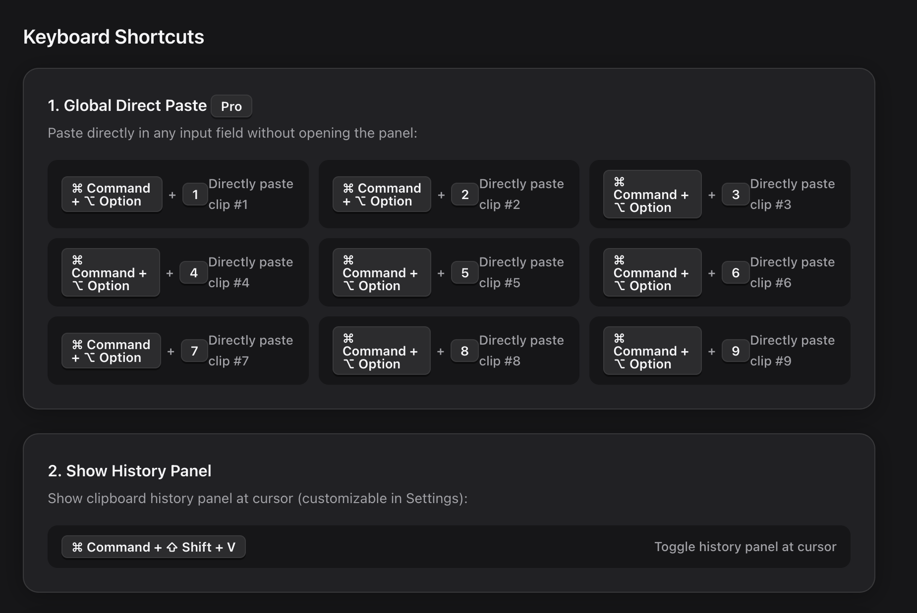 EasyPaste Keyboard Shortcuts Window