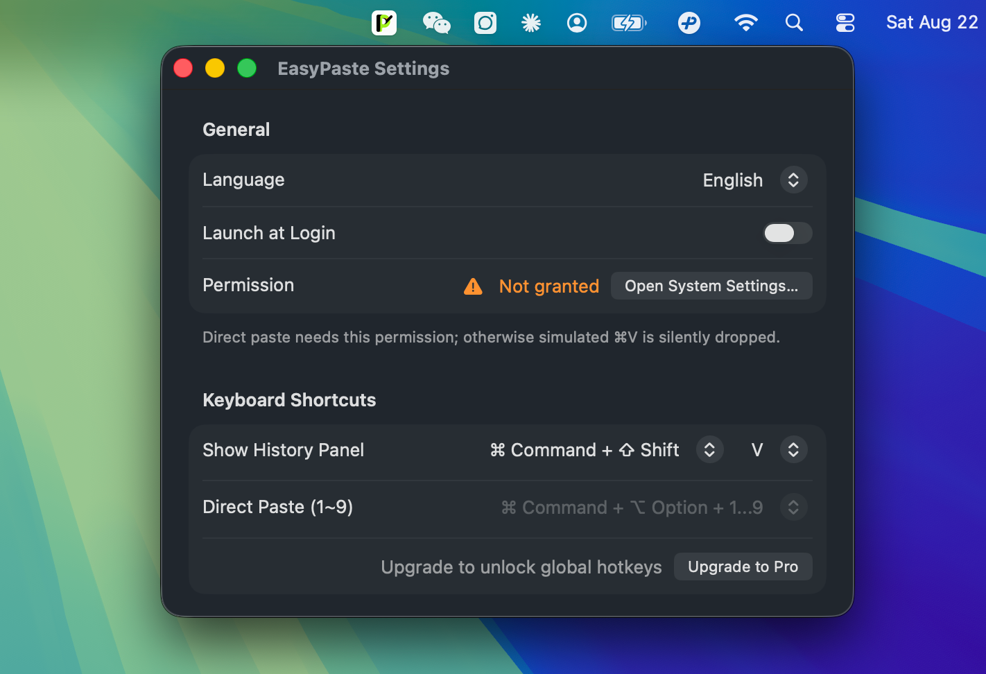 EasyPaste Preferences Settings Window